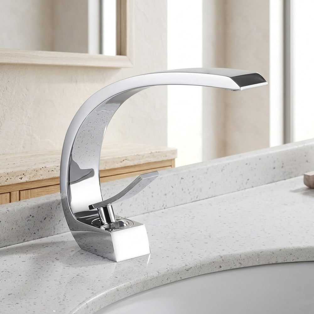 Lagomel waterfall single-hole bathroom faucet in chrome, matte black, polished gold, rose gold, set in a Contemporary bathroom
