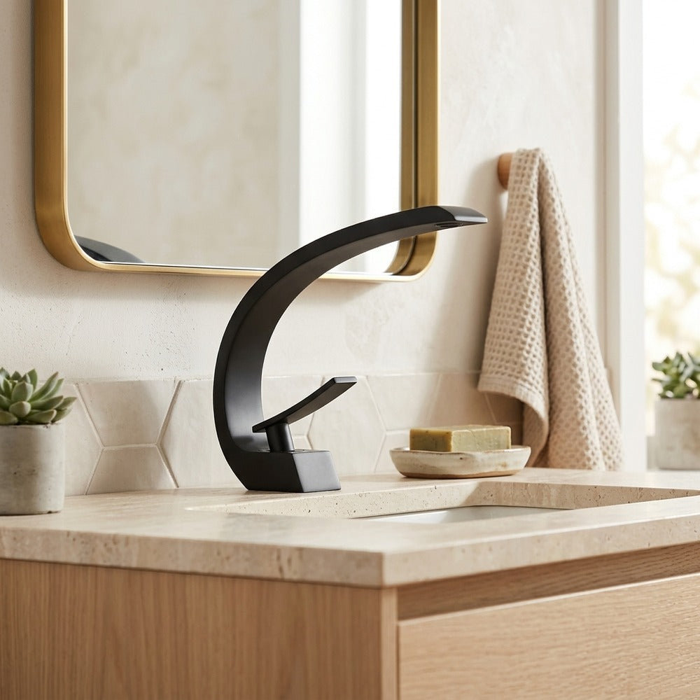 Lagomel waterfall single-hole bathroom faucet, set in a Modern/Minimalist bathroom