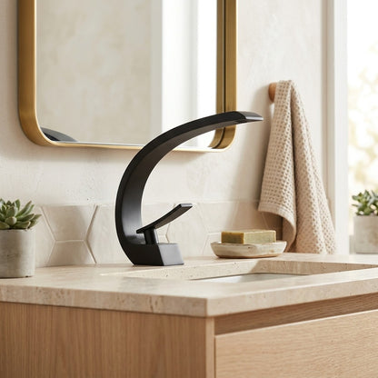 Lagomel waterfall single-hole bathroom faucet, set in a Modern/Minimalist bathroom
