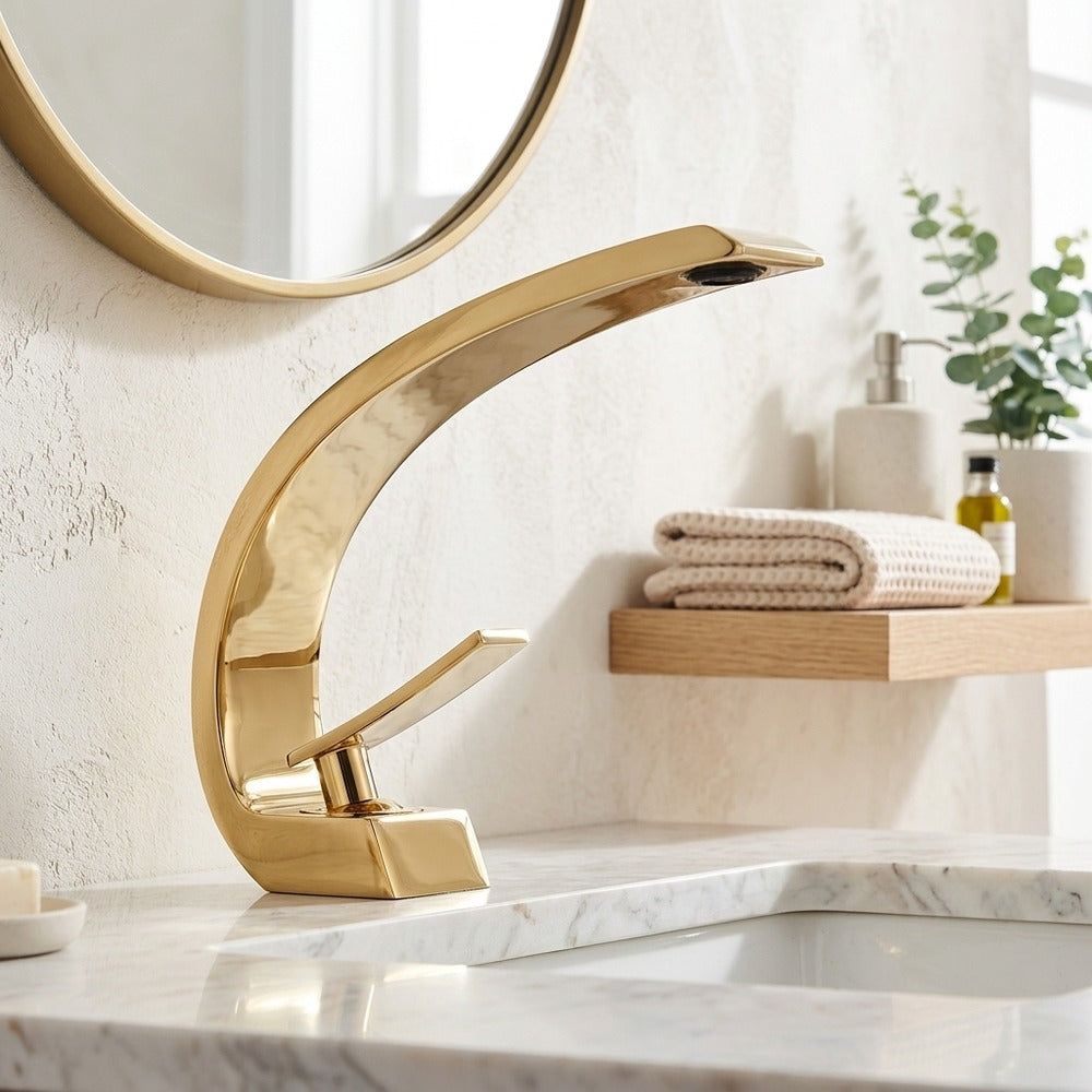 Lagomel waterfall single-hole bathroom faucet, set in a Modern/Minimalist bathroom