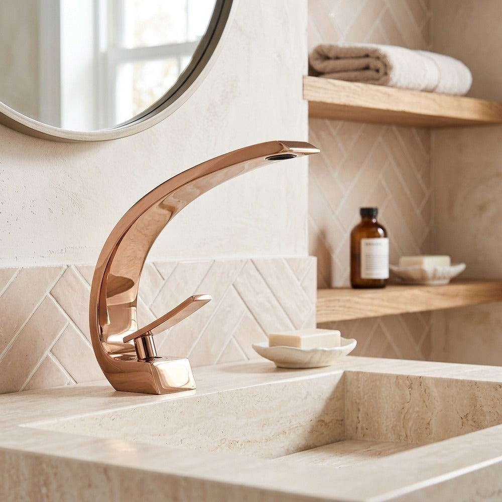 Lagomel waterfall single-hole bathroom faucet, set in a Modern/Minimalist bathroom