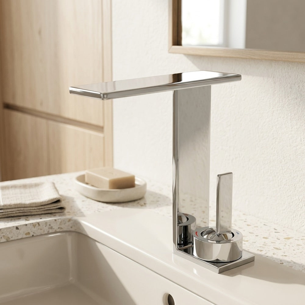 Lagomel waterfall single-hole bathroom faucet in chrome, matte black, gunmetal, brushed gold, set in a Modern/Contemporary bathroom