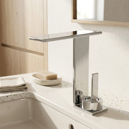 Lagomel waterfall single-hole bathroom faucet in chrome, matte black, gunmetal, brushed gold, set in a Modern/Contemporary bathroom