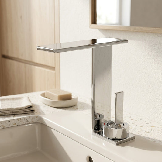 Lagomel waterfall single-hole bathroom faucet in chrome, matte black, gunmetal, brushed gold, set in a Modern/Contemporary bathroom