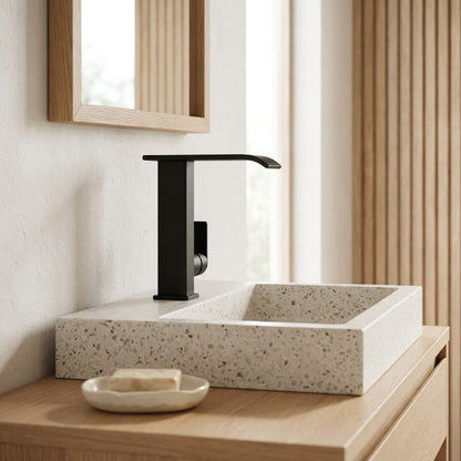Lagomel waterfall single-hole bathroom faucet, set in a Modern/Minimalist bathroom