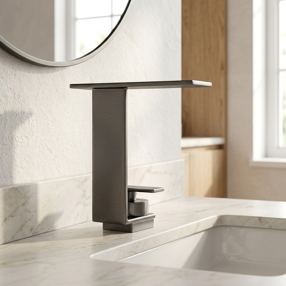 Lagomel waterfall single-hole bathroom faucet, set in a Modern/Minimalist bathroom