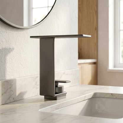 Lagomel waterfall single-hole bathroom faucet, set in a Modern/Minimalist bathroom