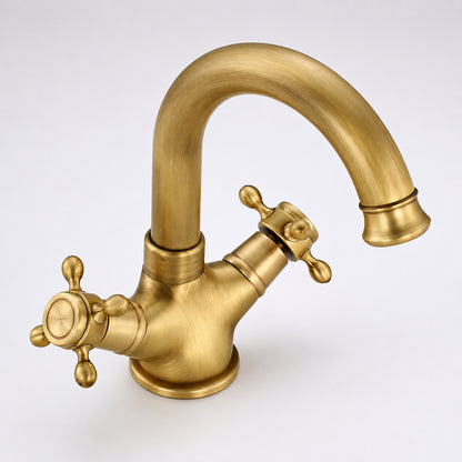 Antique Brass Swivel Spout Bathroom Faucet, Single-Hole Dual Cross Handle Vanity Faucet