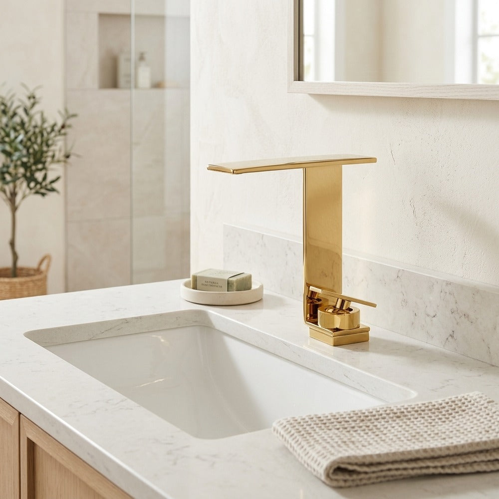 Lagomel waterfall single-hole bathroom faucet, set in a Modern/Minimalist bathroom