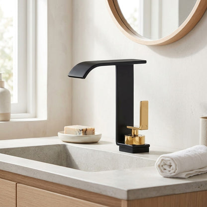 Lagomel waterfall single-hole bathroom faucet, set in a Modern/Minimalist bathroom