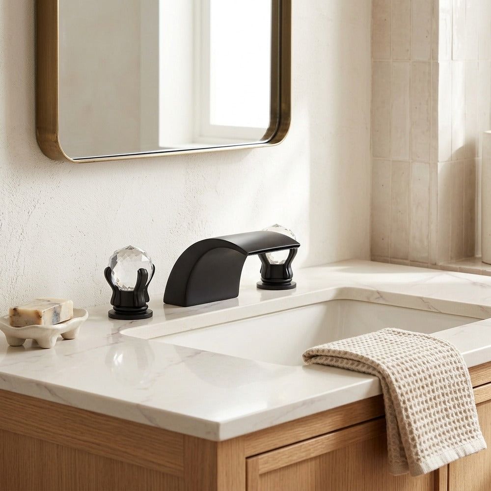 Lagomel waterfall widespread bathroom faucet in matte black, chrome, brushed gold, polished gold, set in a Modern/Contemporary bathroom