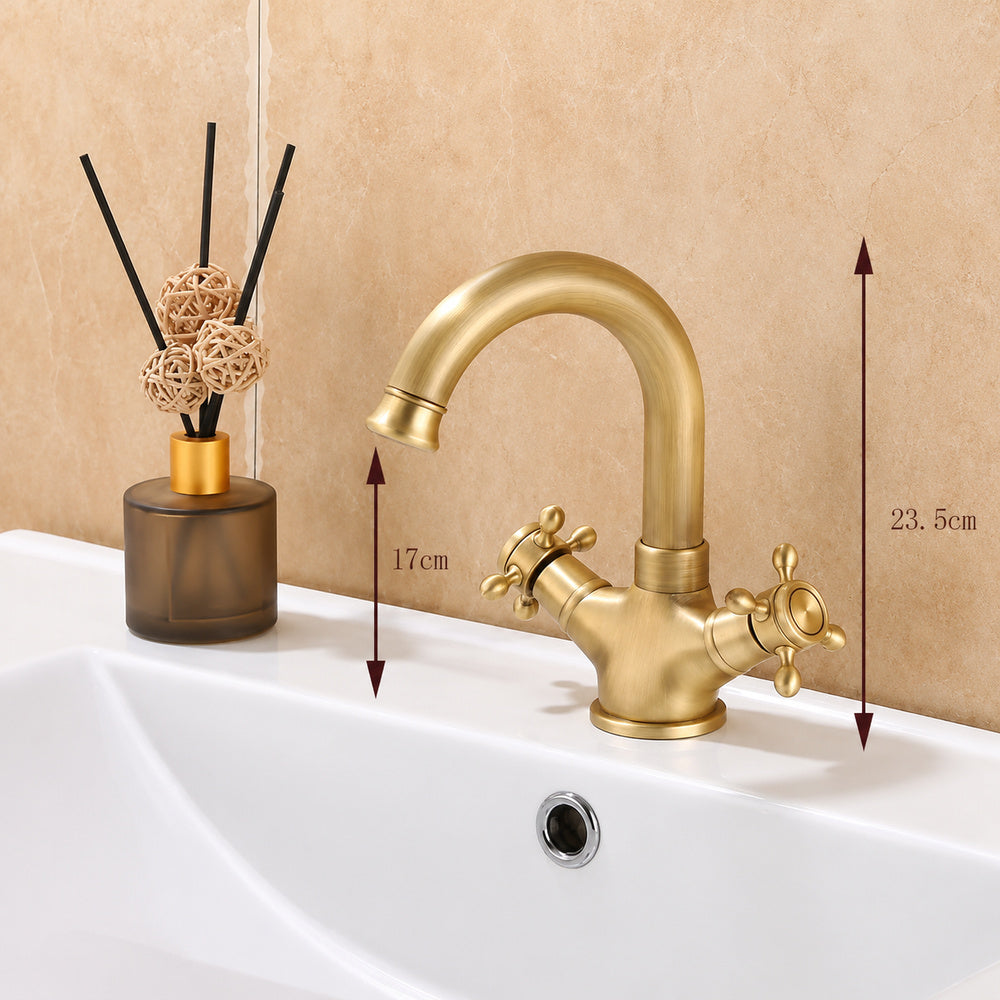 Antique Brass Swivel Spout Bathroom Faucet, Single-Hole Dual Cross Handle Vanity Faucet