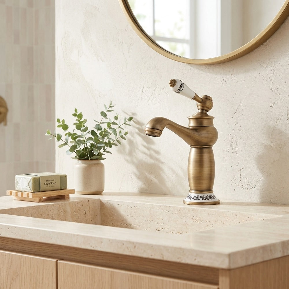Lagomel single-hole bathroom faucet in antique brass, matte black, set in a Vintage/Retro/Contemporary bathroom