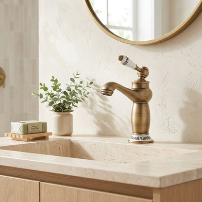 Lagomel single-hole bathroom faucet in antique brass, matte black, set in a Vintage/Retro/Contemporary bathroom