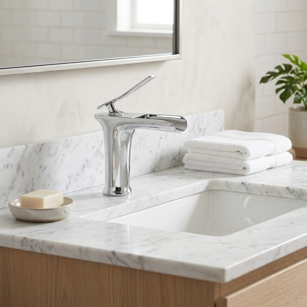 Lagomel waterfall single-hole bathroom faucet in chrome, brushed nickel, matte black, brushed gold, matte white, pvd,, set in a Modern/Contemporary/Minimalist bathroom