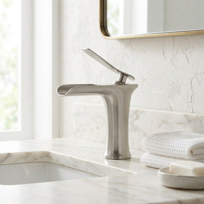 Lagomel waterfall single-hole bathroom faucet, set in a Modern/Minimalist bathroom