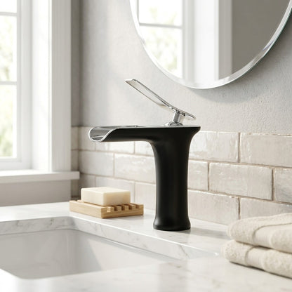 Lagomel waterfall single-hole bathroom faucet, set in a Modern/Minimalist bathroom