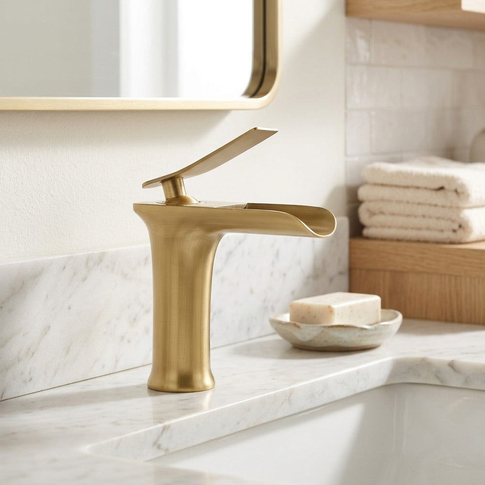 Lagomel waterfall single-hole bathroom faucet, set in a Modern/Minimalist bathroom