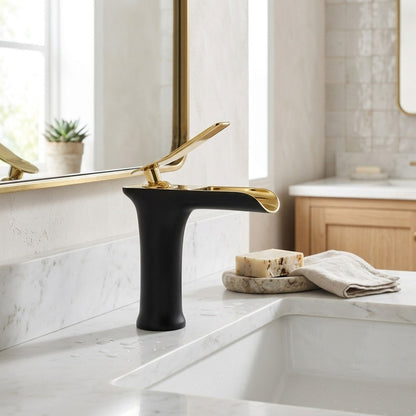Lagomel waterfall single-hole bathroom faucet, set in a Modern/Minimalist bathroom