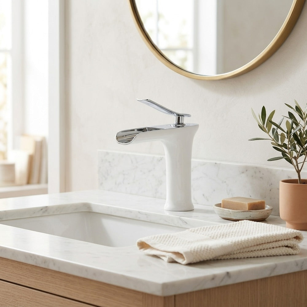 Lagomel waterfall single-hole bathroom faucet, set in a Modern/Minimalist bathroom