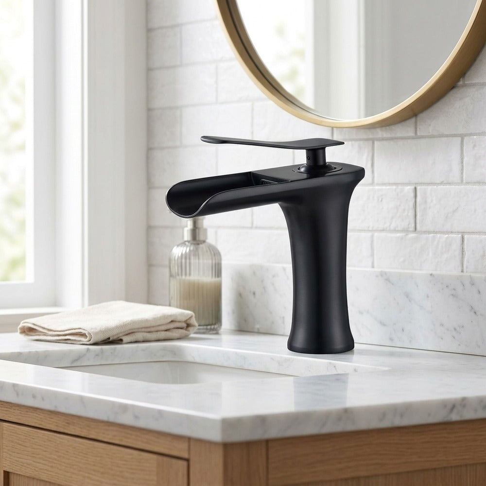 Lagomel waterfall single-hole bathroom faucet, set in a Modern/Minimalist bathroom