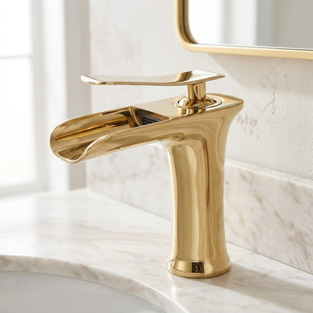 Lagomel waterfall single-hole bathroom faucet, set in a Modern/Minimalist bathroom