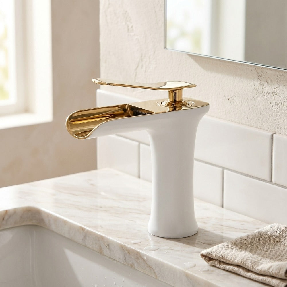 Lagomel waterfall single-hole bathroom faucet, set in a Modern/Minimalist bathroom