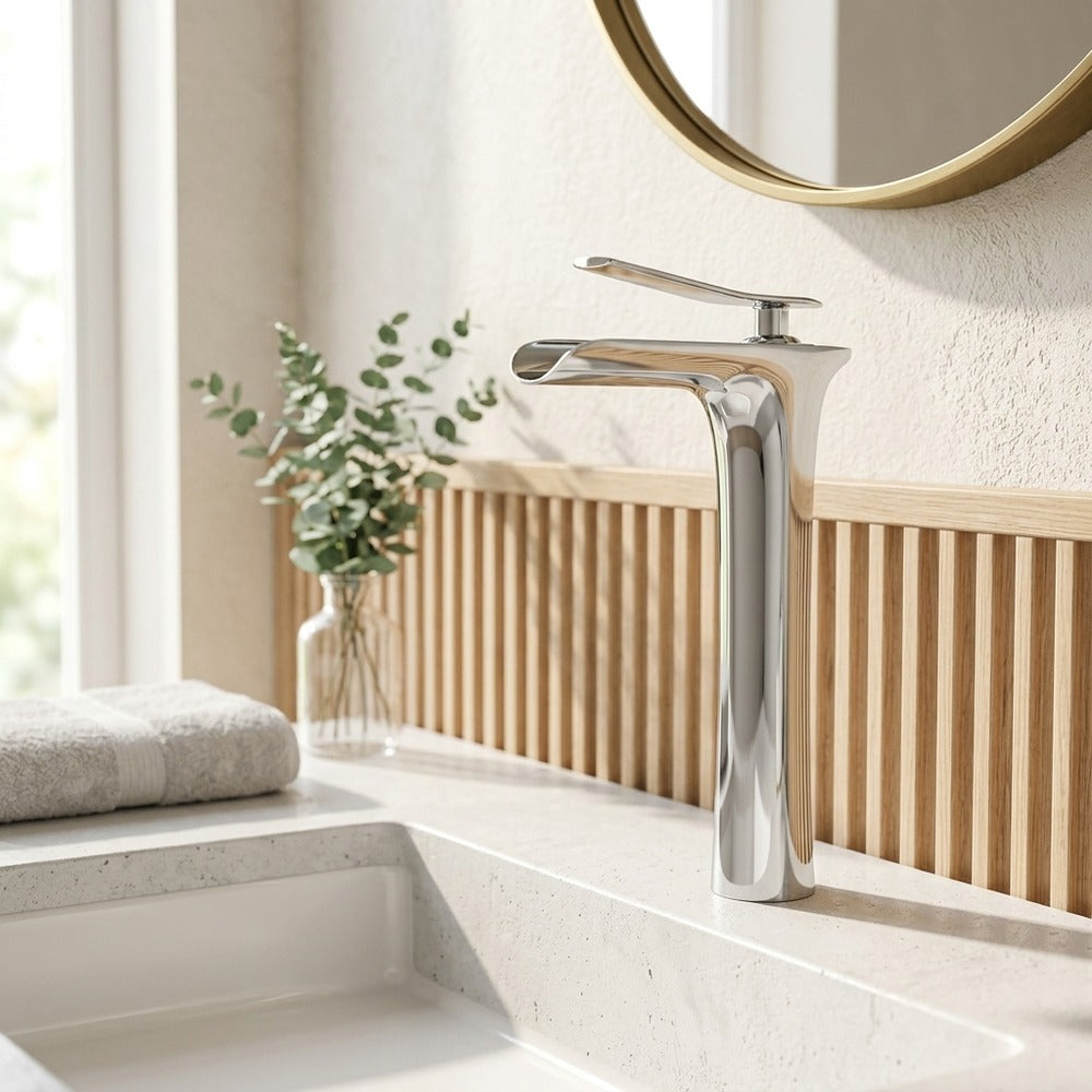 Lagomel single-hole waterfall vessel sink faucet in antique brass, brushed gold, brushed nickel, chrome, matte black,, set in a Modern/Contemporary bathroom