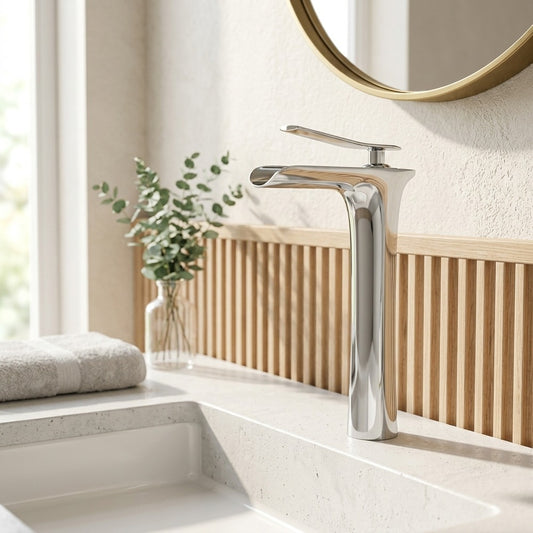 Lagomel single-hole waterfall vessel sink faucet in antique brass, brushed gold, brushed nickel, chrome, matte black,, set in a Modern/Contemporary bathroom