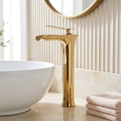 Lagomel single-hole waterfall vessel sink faucet, set in a Modern/Contemporary bathroom