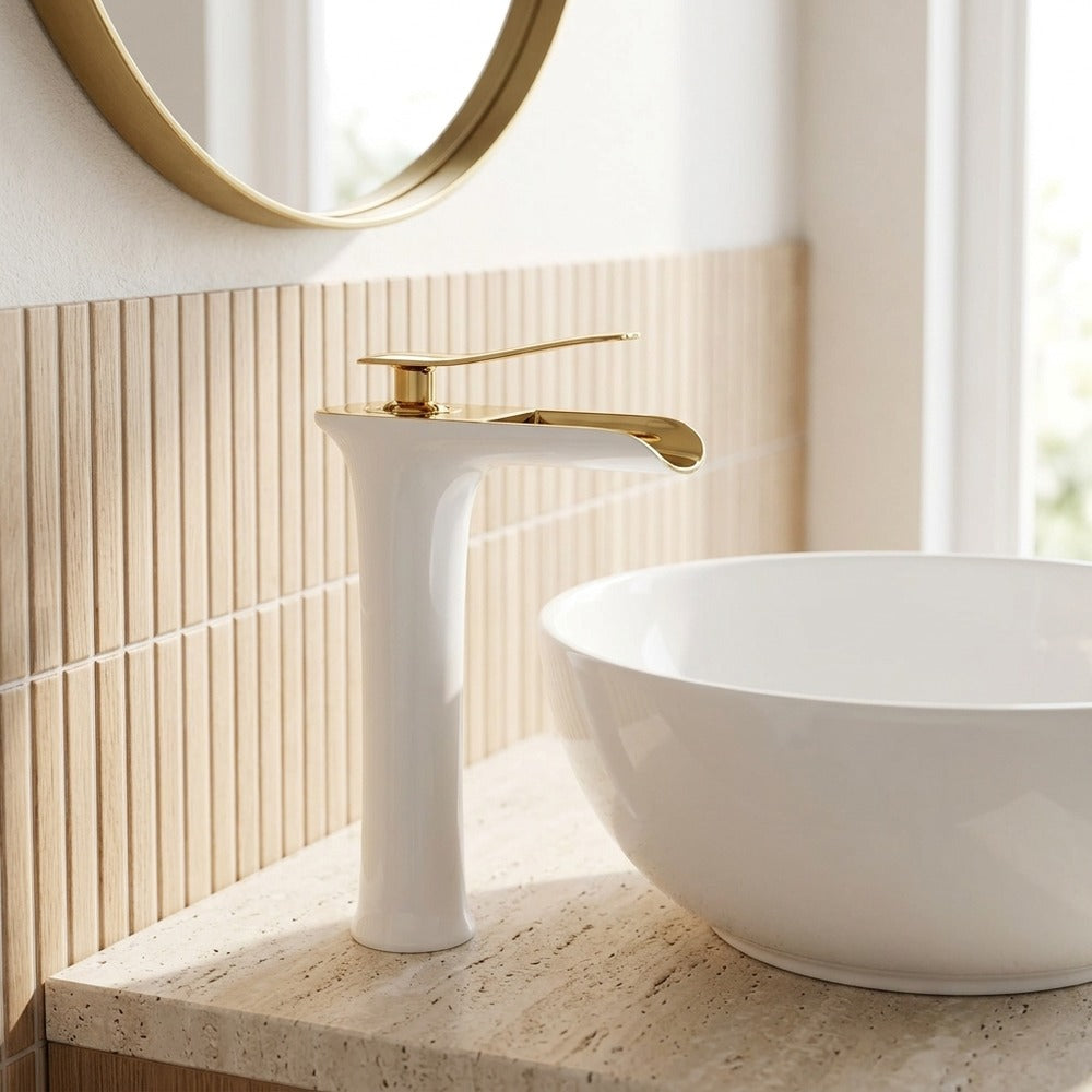 Lagomel single-hole waterfall vessel sink faucet, set in a Modern/Contemporary bathroom