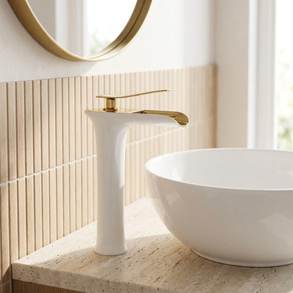 Lagomel single-hole waterfall vessel sink faucet, set in a Modern/Contemporary bathroom