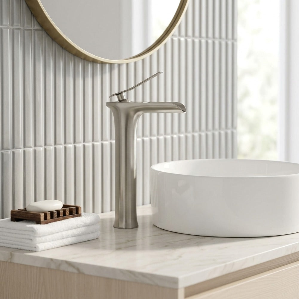 Lagomel single-hole waterfall vessel sink faucet, set in a Modern/Contemporary bathroom