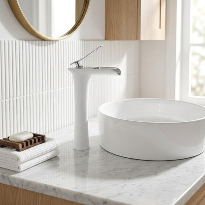 Lagomel single-hole waterfall vessel sink faucet, set in a Modern/Contemporary bathroom