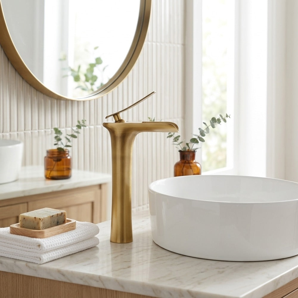Lagomel single-hole waterfall vessel sink faucet, set in a Modern/Contemporary bathroom