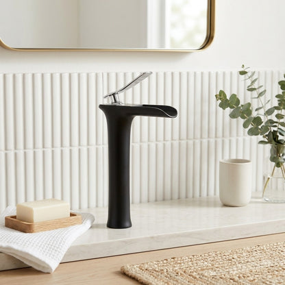 Lagomel single-hole waterfall vessel sink faucet, set in a Modern/Contemporary bathroom