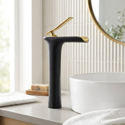 Lagomel single-hole waterfall vessel sink faucet, set in a Modern/Contemporary bathroom