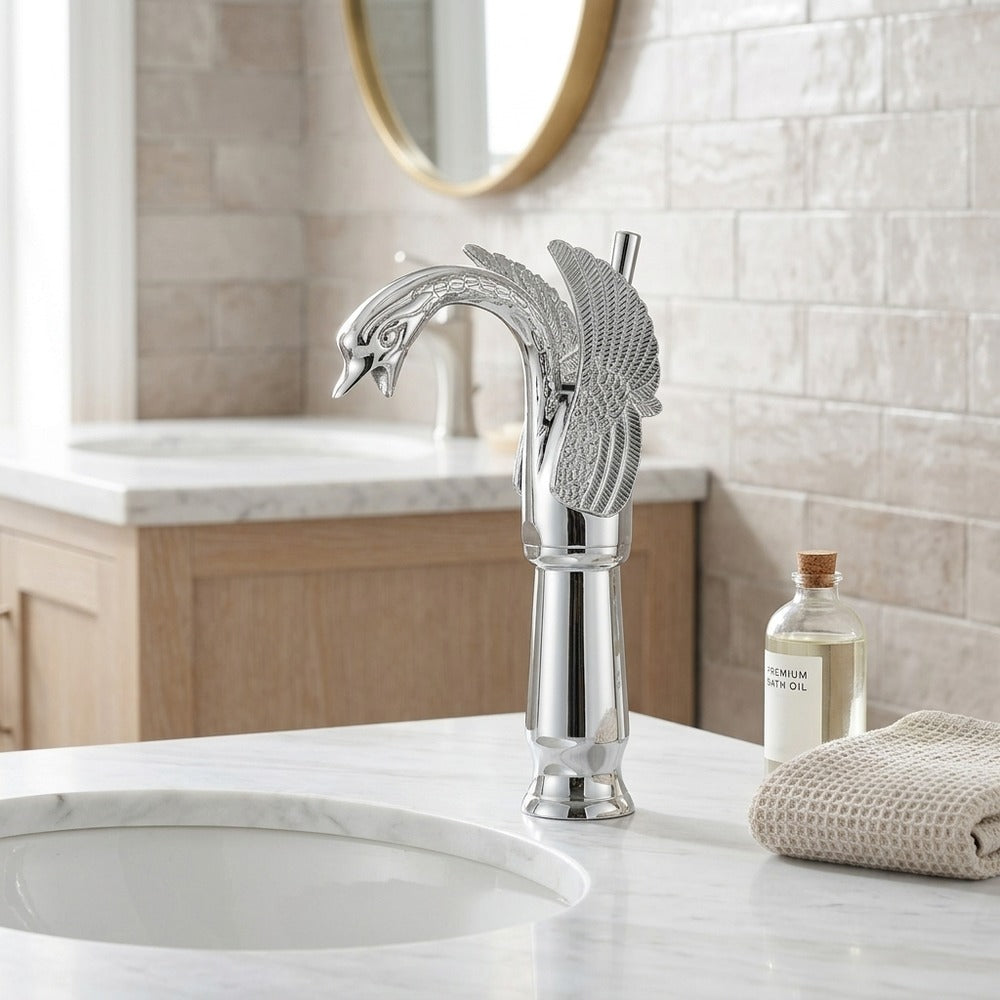 Lagomel single-hole bathroom faucet in antique brass, chrome, polished gold, matte black, set in a Vintage/Retro bathroom