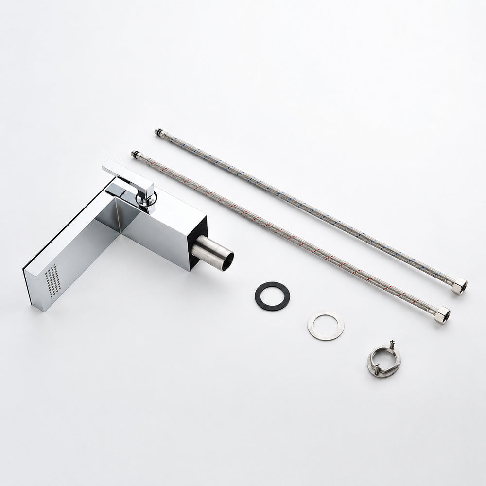 Waterfall Single-Hole Bathroom Faucet, Modern Single-Handle Stainless Steel Faucet, Matte White / Brushed Gold / Chrome / Brushed Chrome