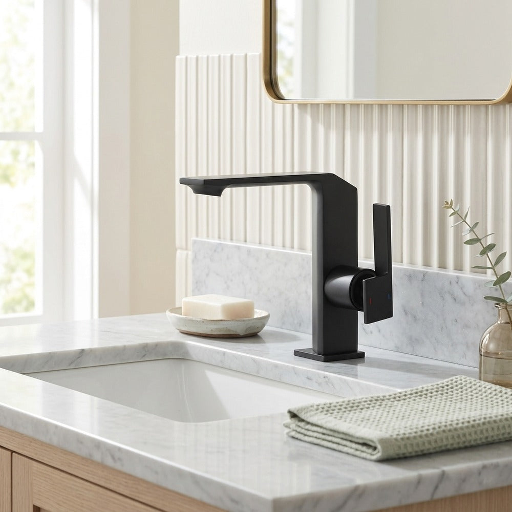 Lagomel waterfall single-hole bathroom faucet in brushed gold, matte black, chrome, gunmetal, set in a Modern/Contemporary bathroom