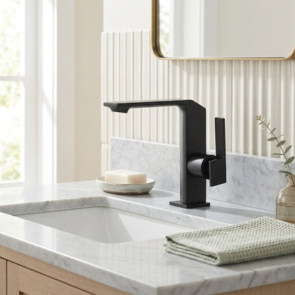 Lagomel waterfall single-hole bathroom faucet in brushed gold, matte black, chrome, gunmetal, set in a Modern/Contemporary bathroom