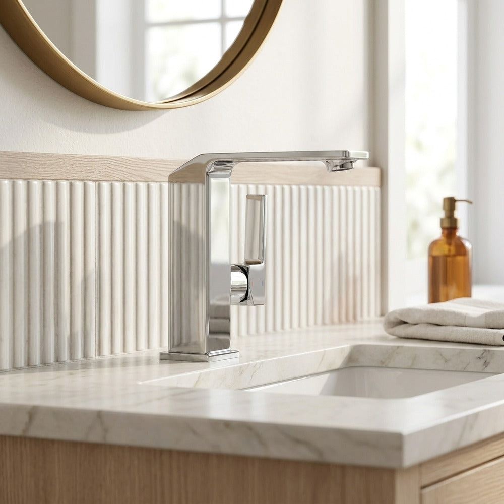 Lagomel waterfall single-hole bathroom faucet, set in a Modern/Minimalist bathroom
