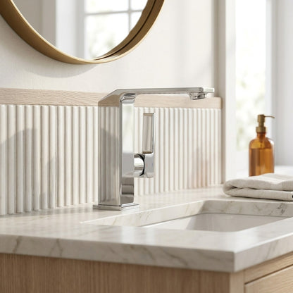 Lagomel waterfall single-hole bathroom faucet, set in a Modern/Minimalist bathroom