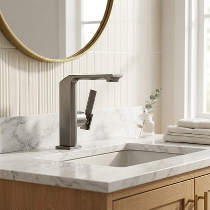 Lagomel waterfall single-hole bathroom faucet, set in a Modern/Minimalist bathroom