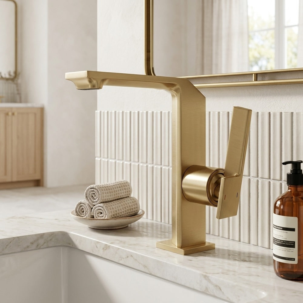 Lagomel waterfall single-hole bathroom faucet, set in a Modern/Minimalist bathroom
