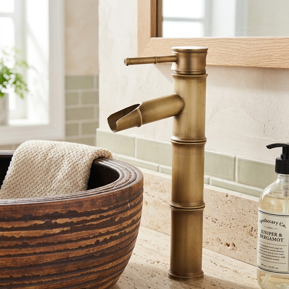 Lagomel vessel sink waterfall single-hole bathroom faucet in antique brass, matte black, brushed nickel, set in a Vintage/Retro bathroom