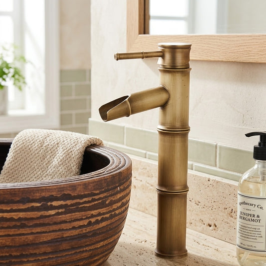 Lagomel vessel sink waterfall single-hole bathroom faucet in antique brass, matte black, brushed nickel, set in a Vintage/Retro bathroom
