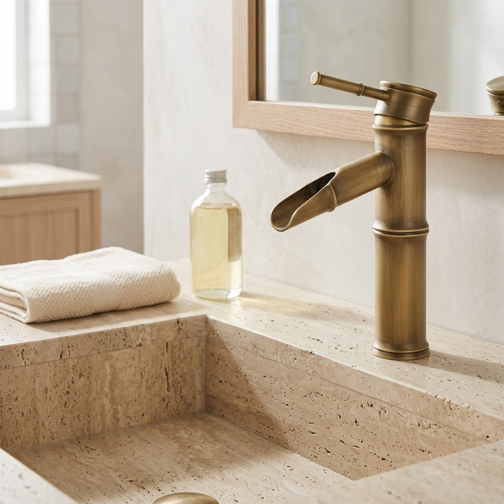 Lagomel vessel sink waterfall single-hole bathroom faucet, set in a Contemporary bathroom
