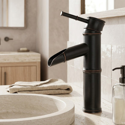 Lagomel vessel sink waterfall single-hole bathroom faucet, set in a Contemporary bathroom