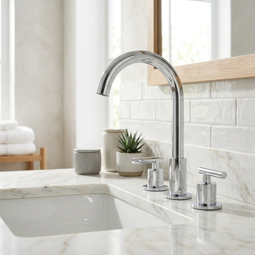 Lagomel widespread bathroom faucet in chrome, matte black, polished gold, set in a Modern/Contemporary bathroom